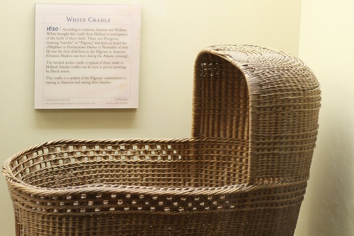 Learn about historical artifacts like the cradle of the first baby born to pilgrims in the New World.